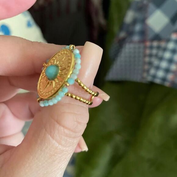 Gorgeous Bohemian Boho Blue Stone 18K Gold Ring Open Ring - Picture 6 of 7